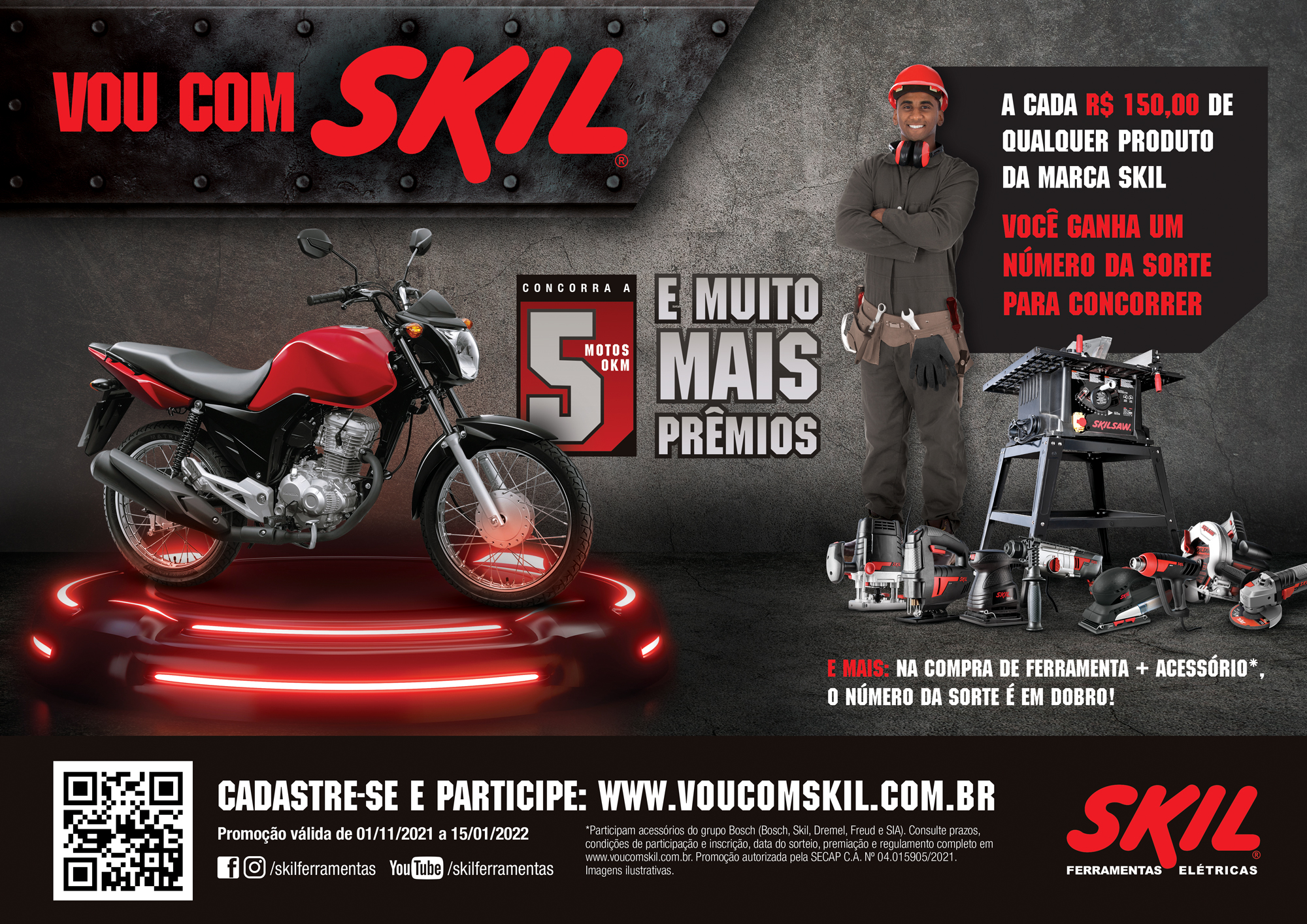 Promoção "Vou com Skil" sorteará 5 motos zero quilômetro e 5 vouchers de mil reais 