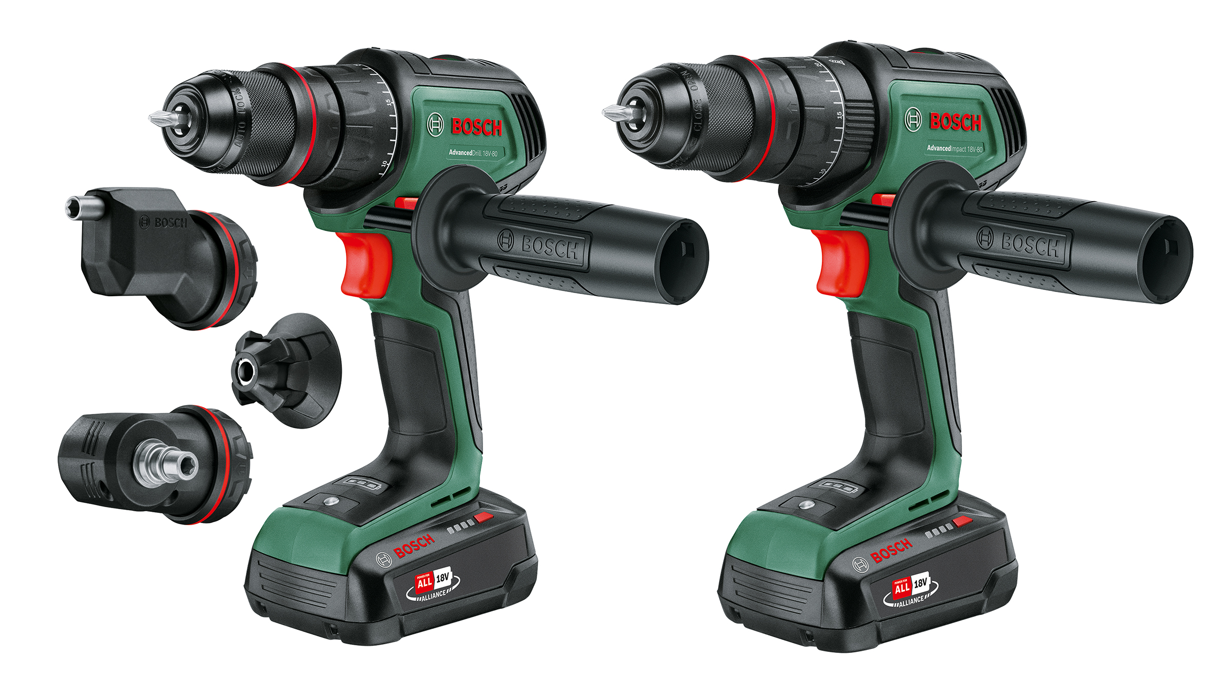 Two cordless drill drivers with interchangeable attachments from Bosch:  High-performance screwing, drilling, and impact drilling