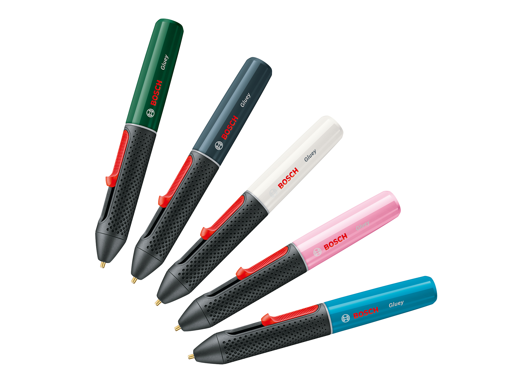 Five shiny models in different colors: the Gluey hot glue pen from Bosch