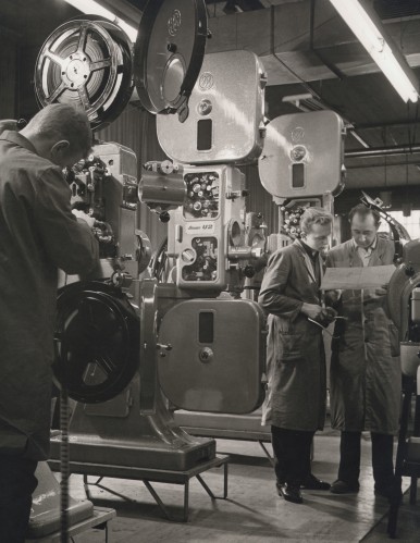 Assembly of film projectors (for 35mm film format) at Kino-Bauer in Stuttgart-Un ...