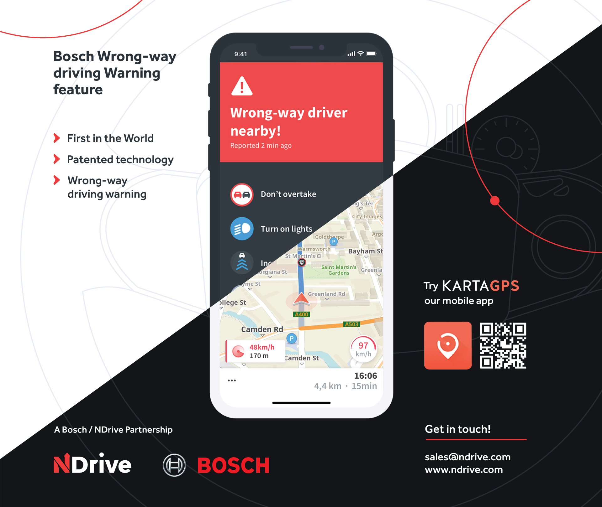 Cloudbasierte Falschfahrerwarnung von Bosch in der Navigations-App von NDrive