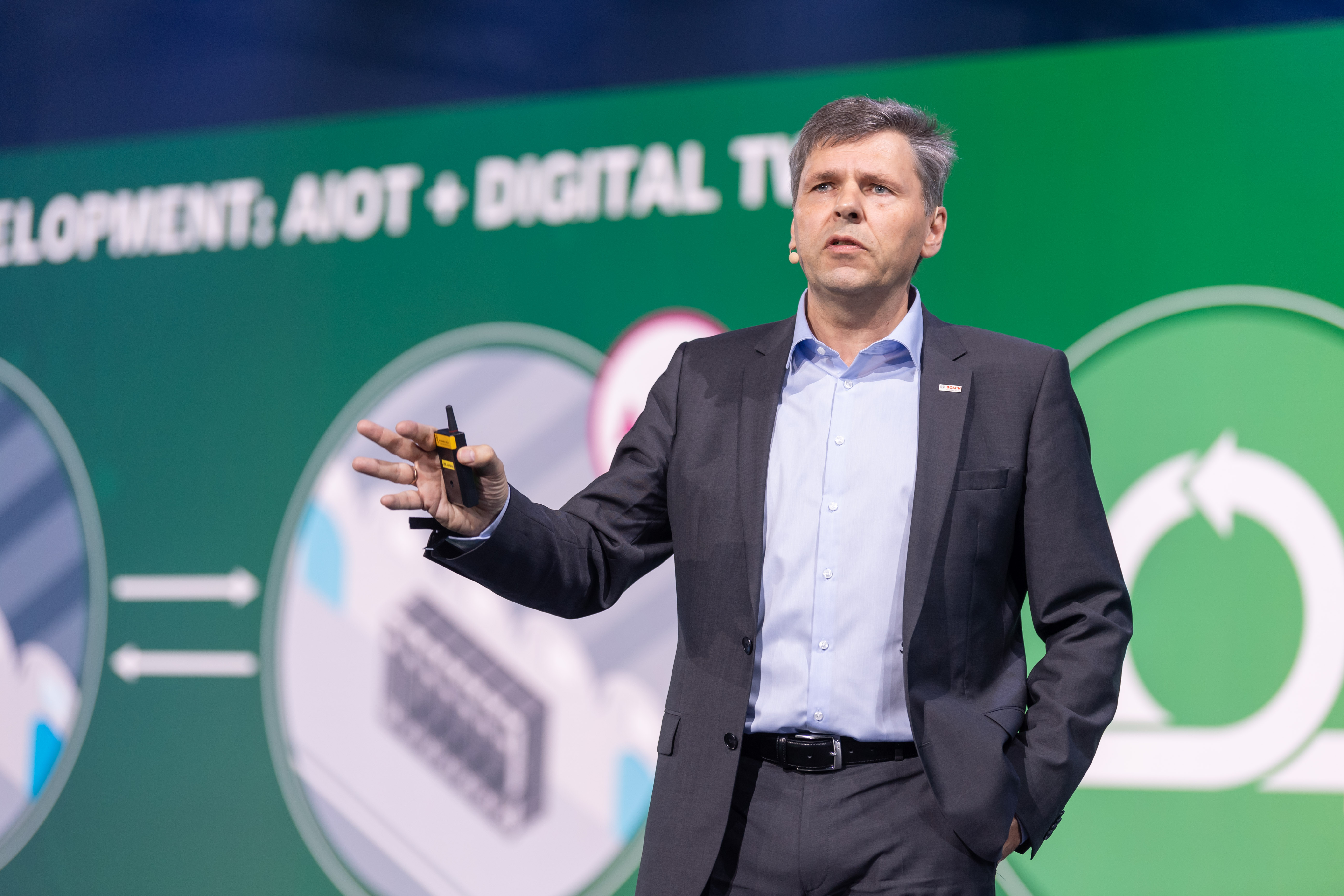 Bosch board member and CDO/CTO Dr. Michael Bolle on stage at the Bosch Connected World 2020 in Berlin.