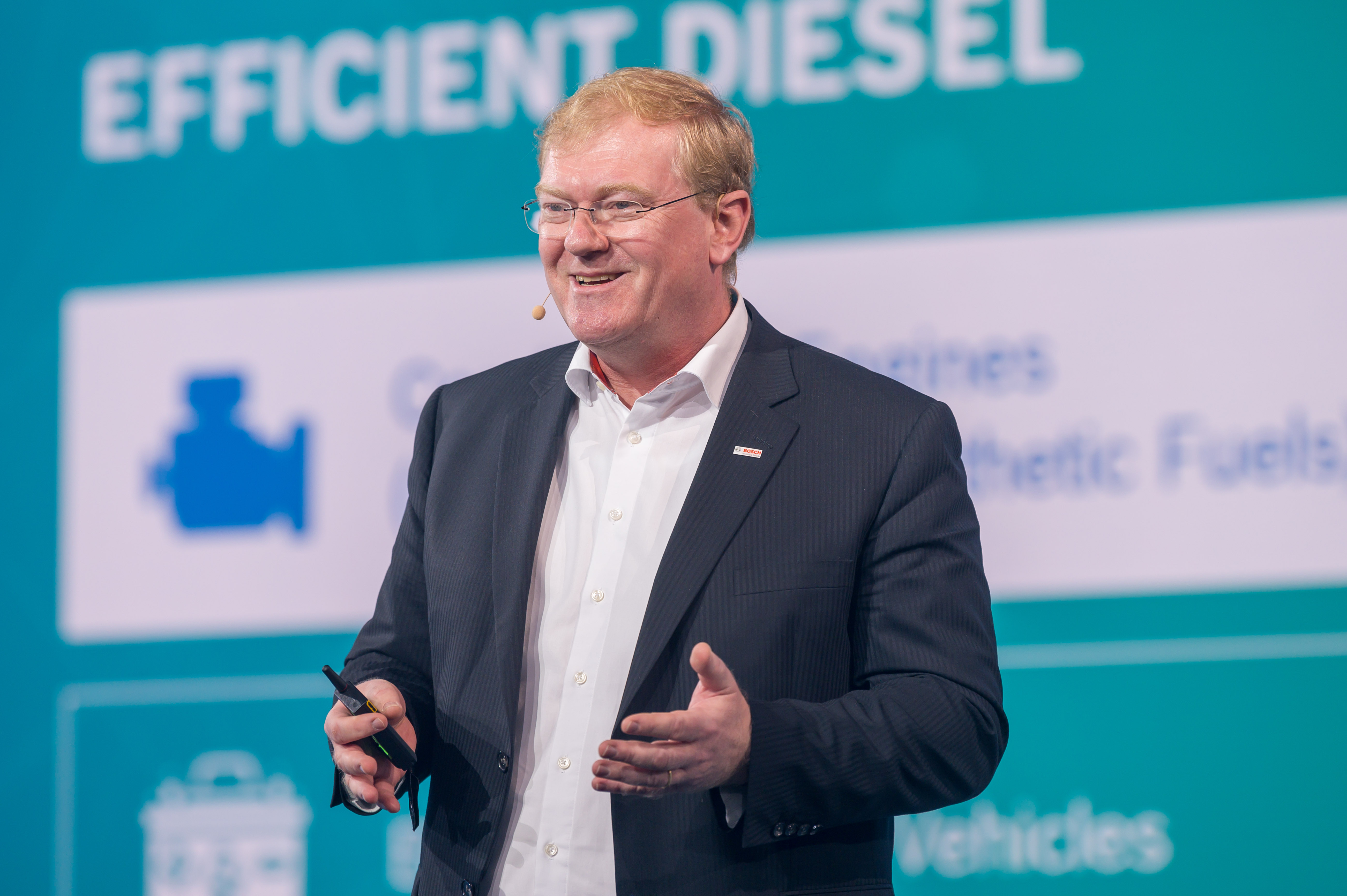 Dr. Stefan Hartung, Bosch board member and chairman of the Mobility Solutions business sector on stage at the Bosch Connected World 2020 in Berlin.