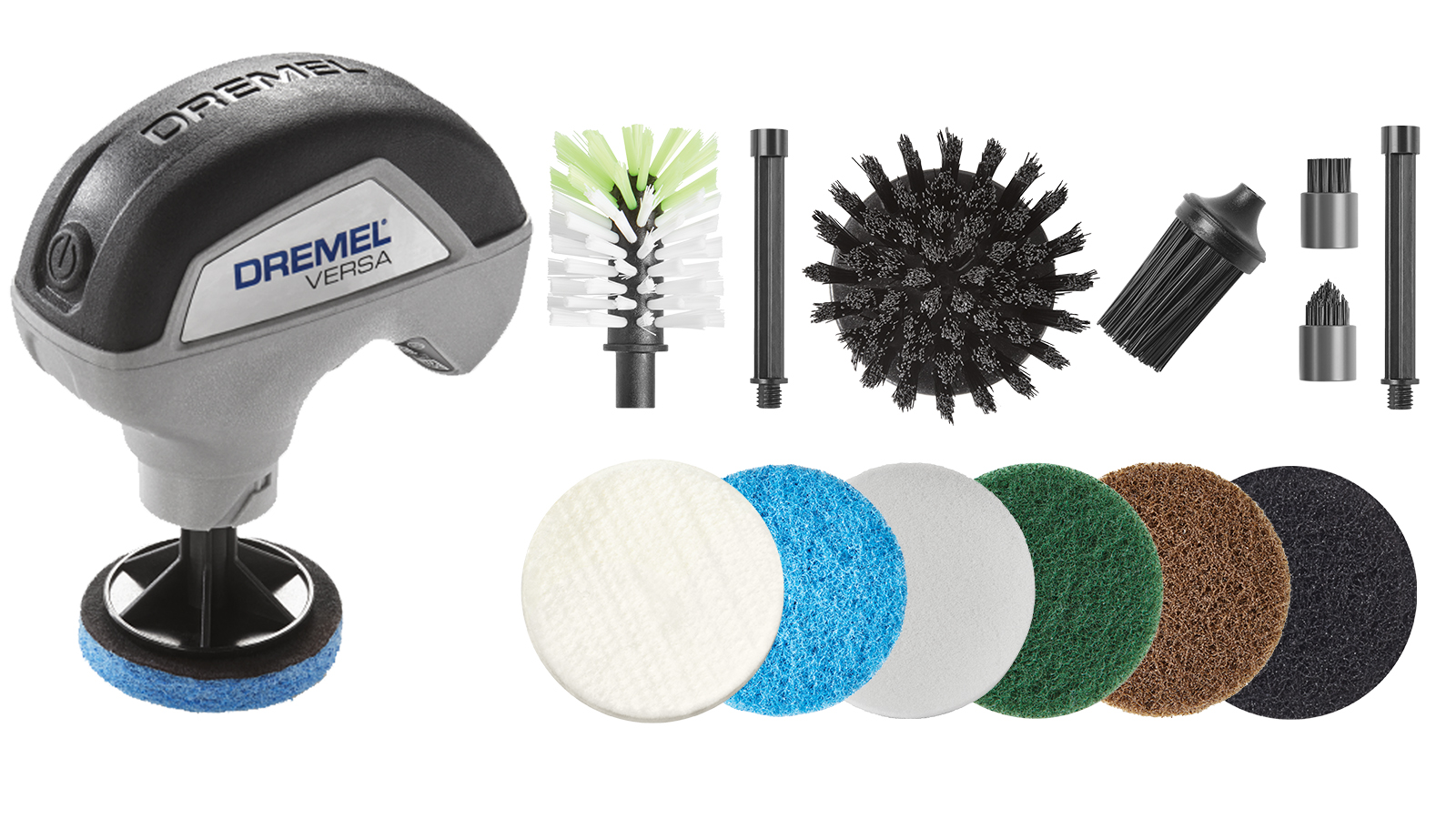 Broadest range of cleaning accessories on the market: Power scrubber Dremel Versa