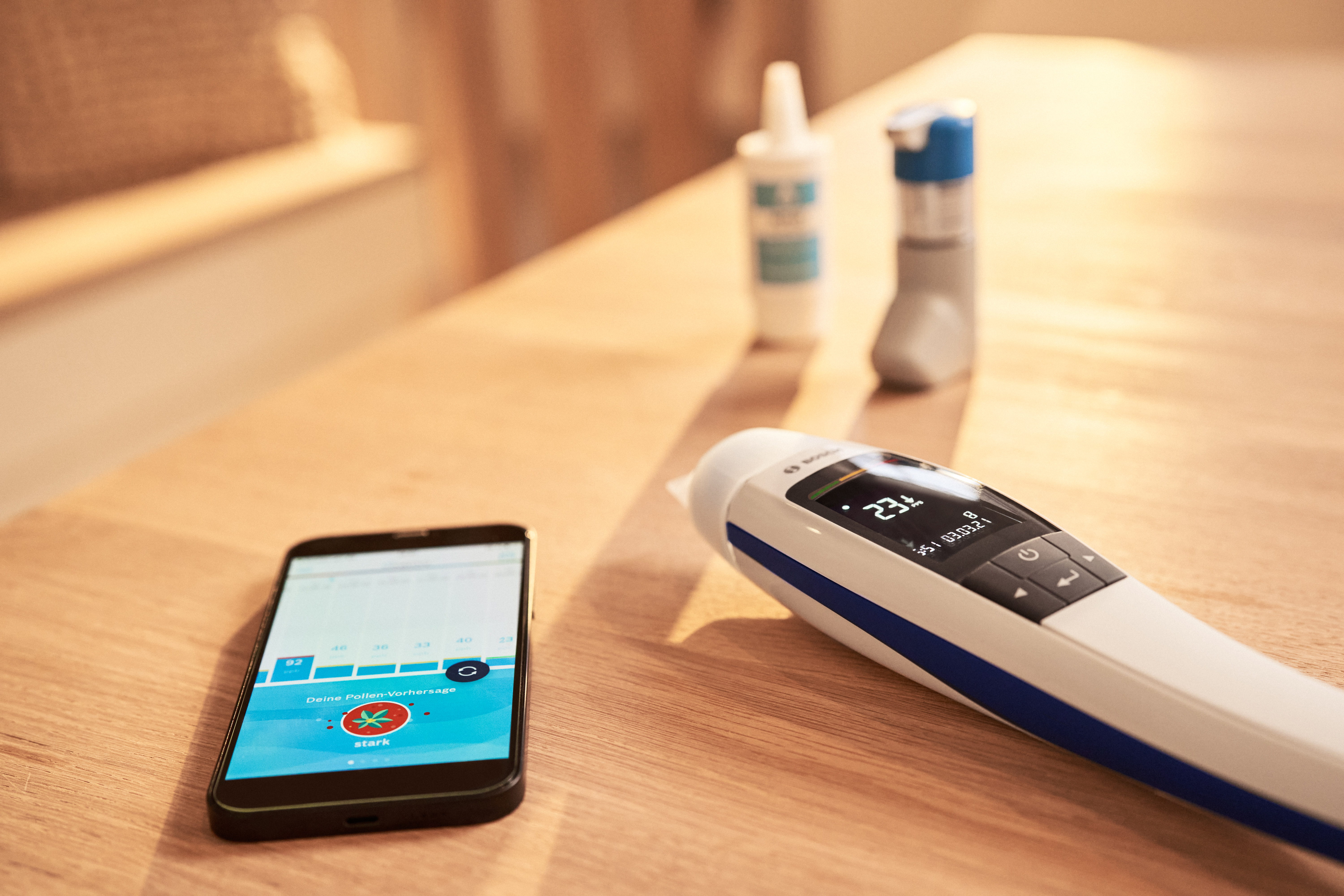 Asthma monitoring at home: Vivatmo me device with Vivatmo app.