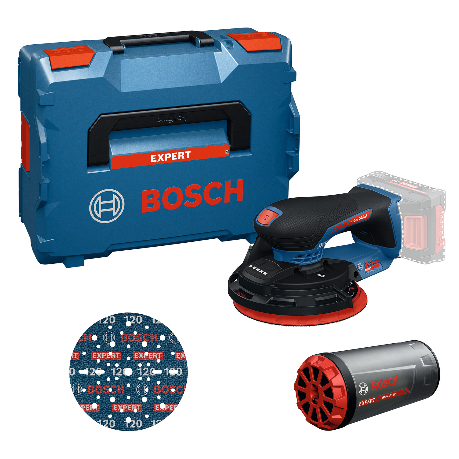 Scope of delivery for the cordless tandom orbit sander EXPERT EXEX18V-150-5