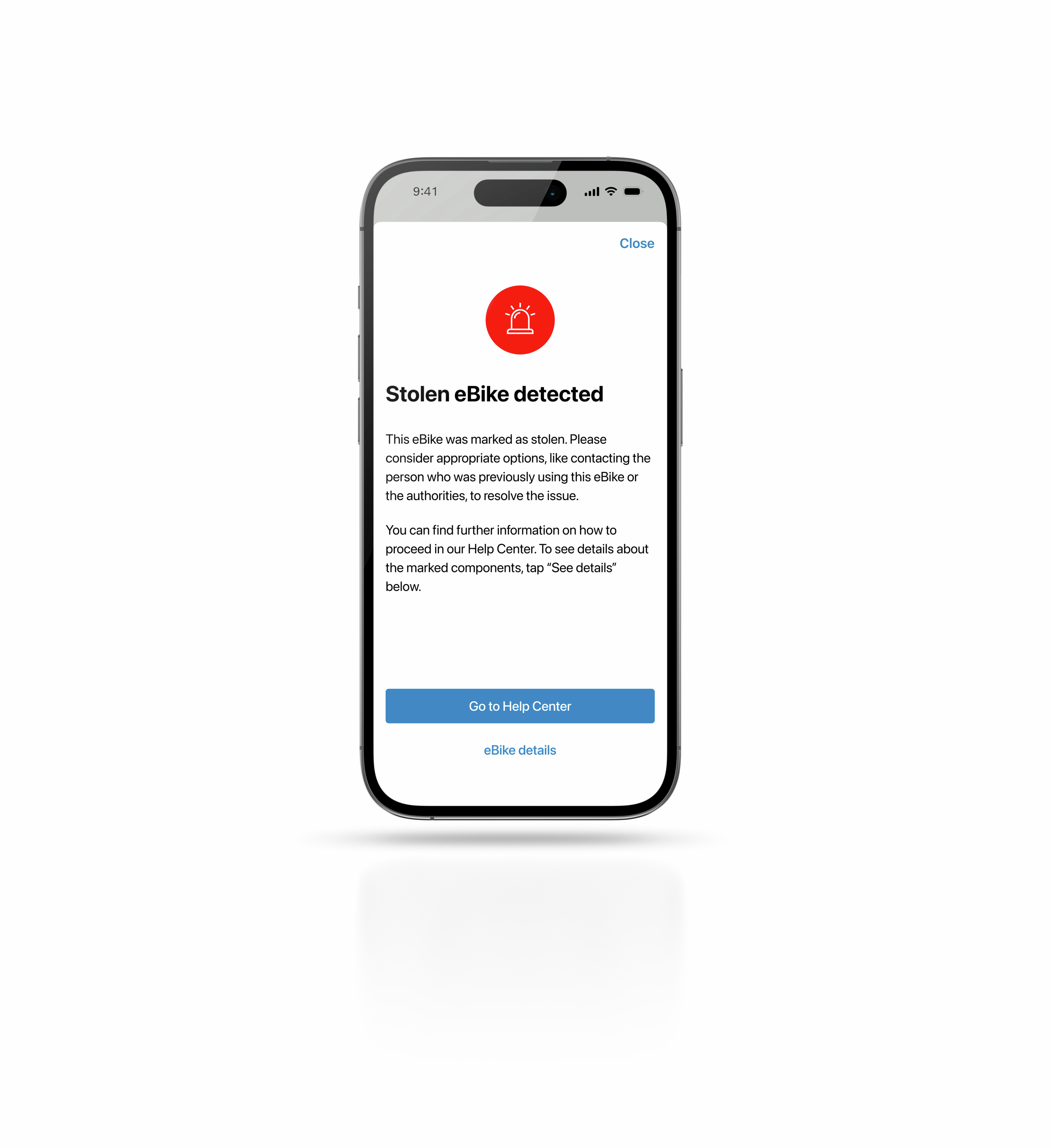 The eBike Flow app automatically blocks connection to eBikes marked as stolen and notifies users immediately.