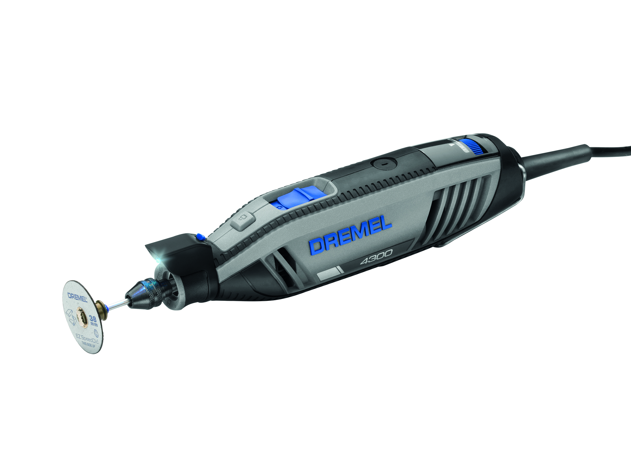With multi chuck attachment to change accessories easily:  the Dremel 4300 multitool 