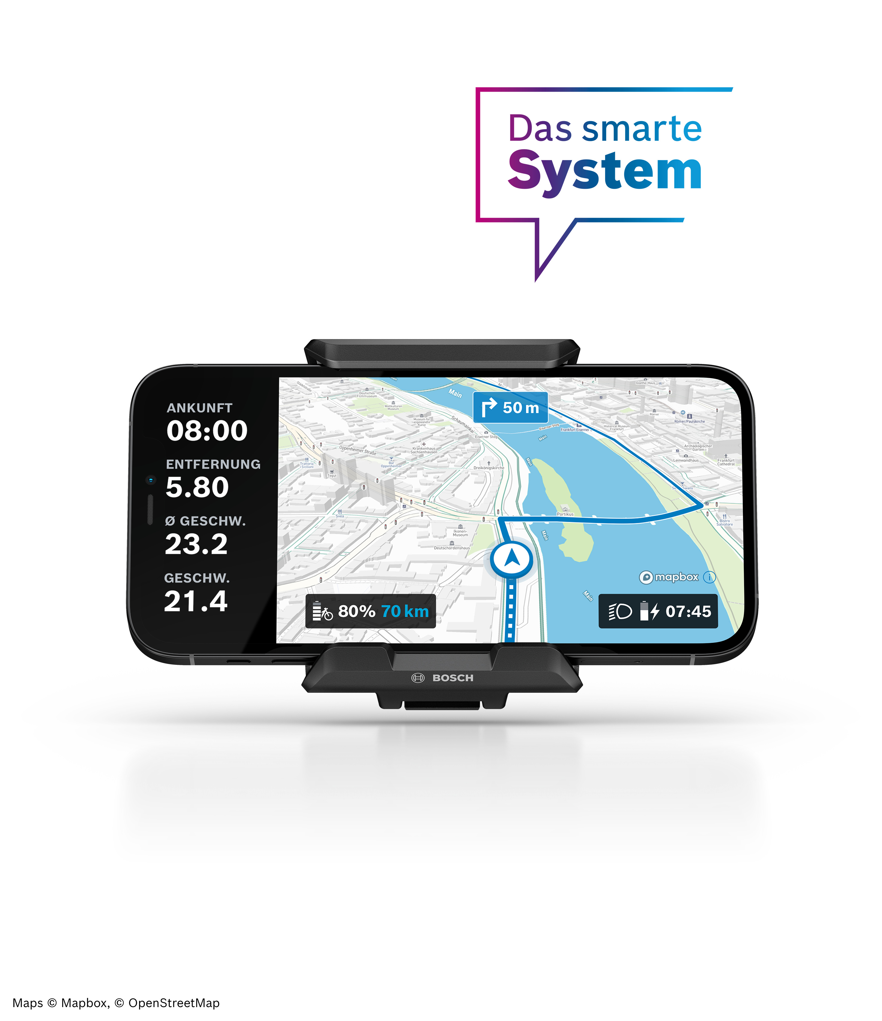 Die Kartendarstellung in der Navigationsfunktion ist für das jeweilige Routenprofil optimiert. In der Stadt erleichtern Gebäude in 3-D-Ansicht die Orientierung.