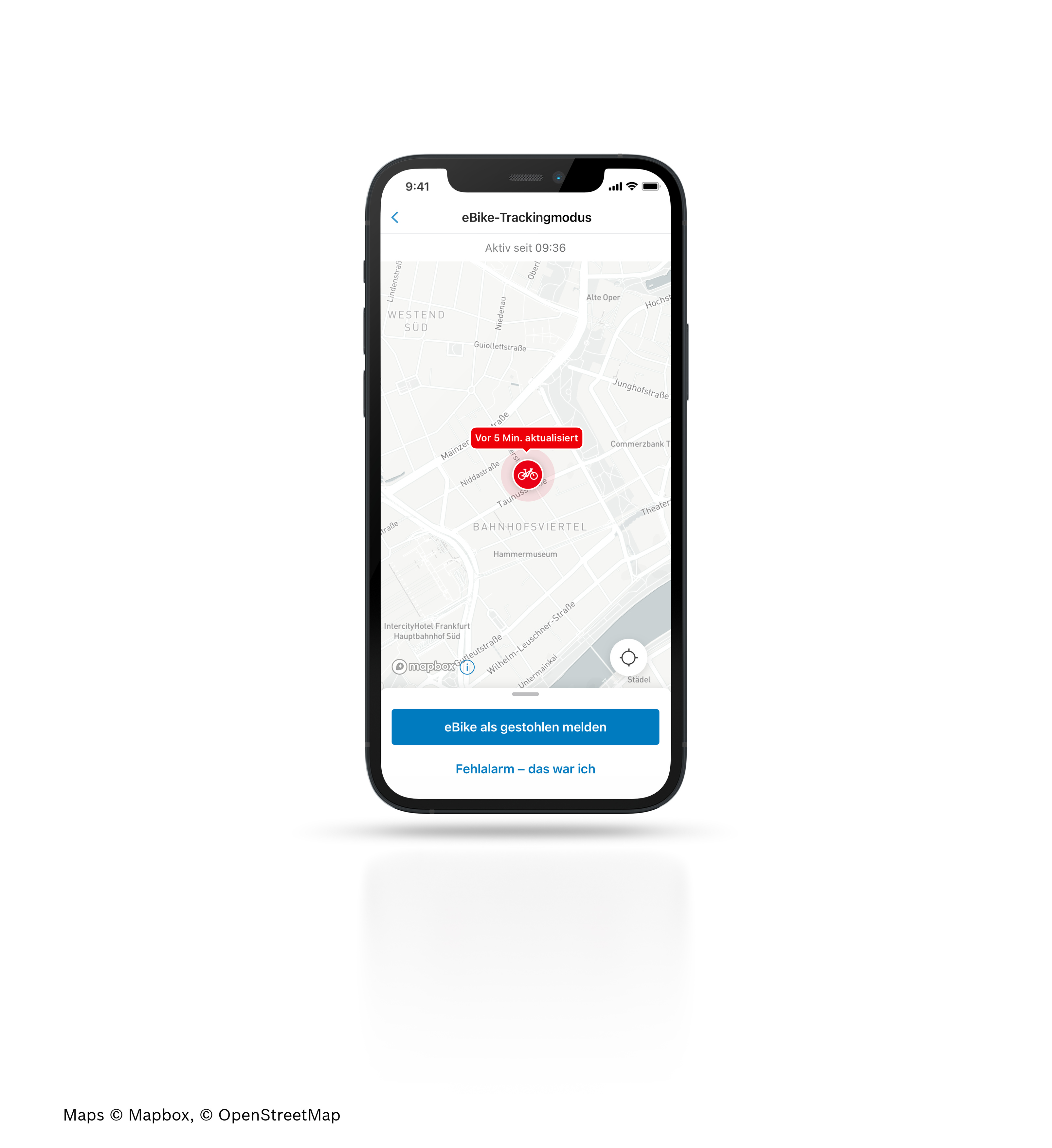 Bei einer bestehenden GPS-Verbindung können Nutzer*innen jederzeit den Standort und den Sicherheitsstatus ihres eBikes in der eBike Flow App sehen.