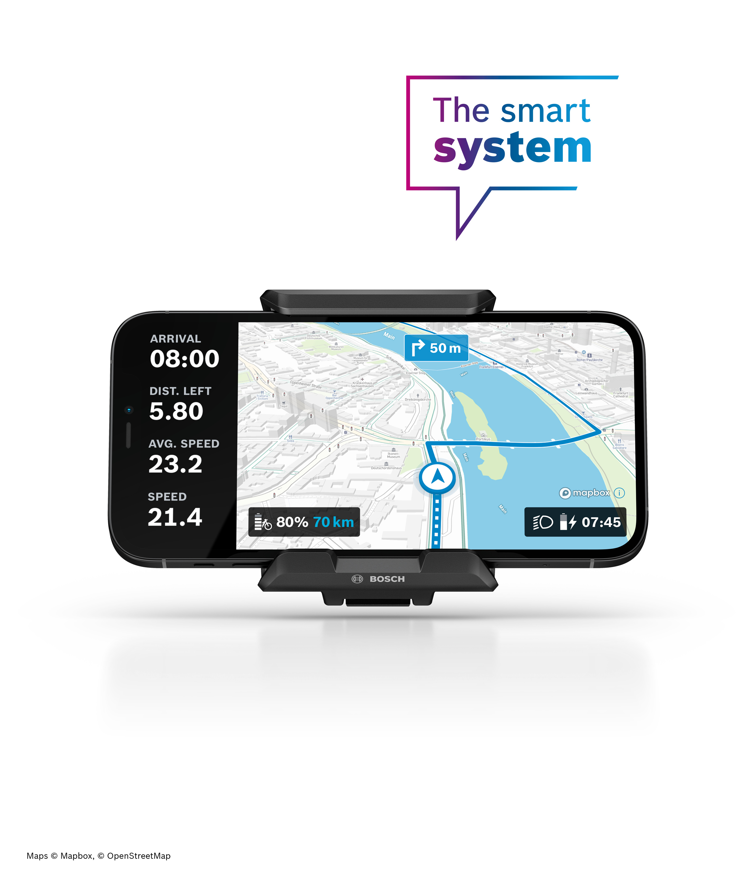 The map display in the navigation function is optimised for the respective route profiles. In the city, buildings in 3D view facilitate orientation.