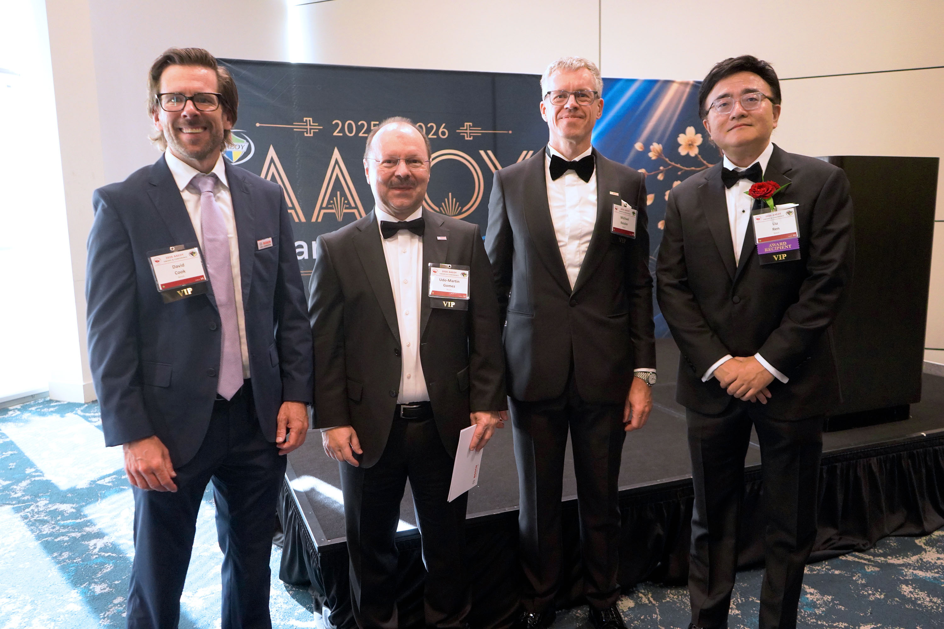 2026 AAEOY awards. From the left: David Cook (Head of Development Bosch Mobility, U.S.), Udo Gomez (Head of Bosch Research), Michael Kessler, (Executive Vice President of Bosch Research) and Liu Ren (Bosch Research AI Fellow and AAEOY awardee).